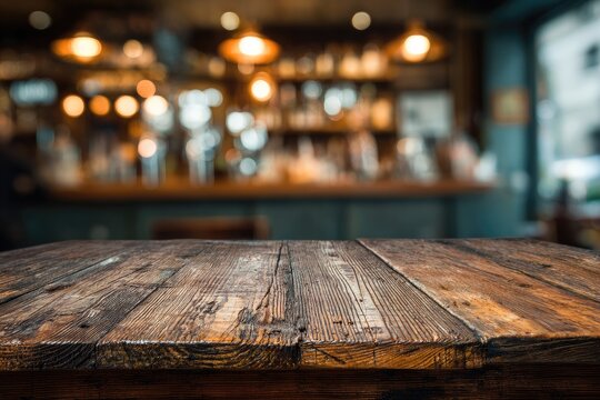 Rustic wooden table foreground, blurry bar interior background with warm lights