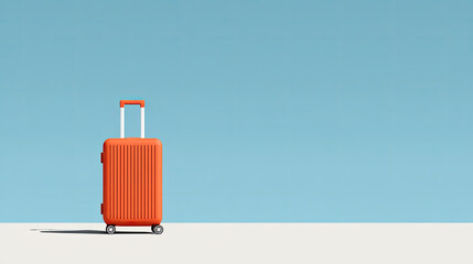 Orange suitcase on minimalist floor with calm sky