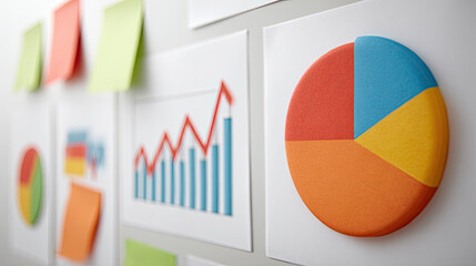 Colorful business charts and rising graph on office wall