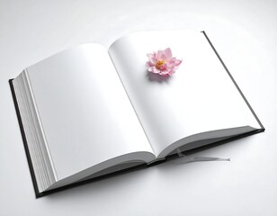 Open book with blank pages and a delicate pink flower