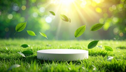 Eco Friendly Product Podium With Floating Green Leaves