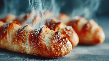 Fresh baked bread with steam rising, crusty exterior and soft interior.