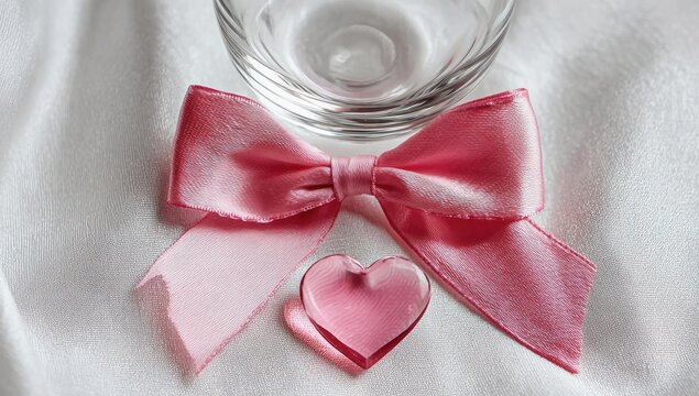 A pink ribbon bow rests on a white satin surface with a small glass heart