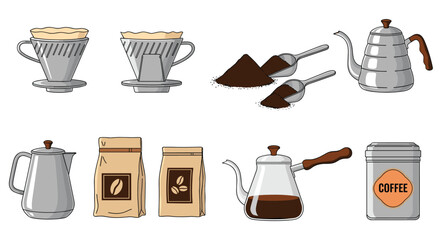 Set of vector icons showing various coffee brewing equipment and accessories including drippers, kettles, and coffee grounds.