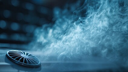 Close-up of a circular vent with swirling smoke in cool blue lighting
