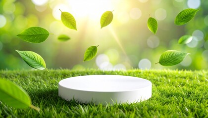Eco Friendly Product Podium With Floating Green Leaves