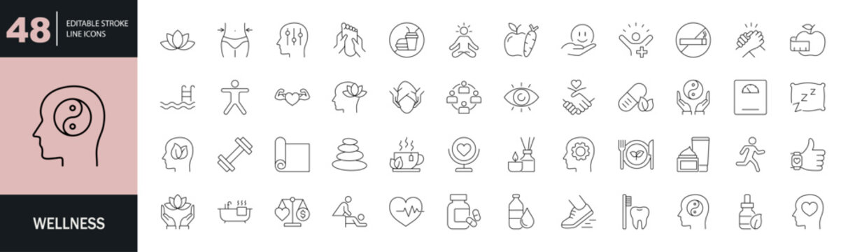 Wellness icon set. Editable line icons. Vector illustration.