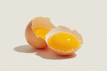 A cracked egg reveals a vibrant, glossy yolk on a light background