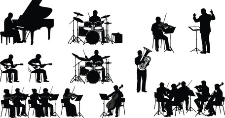 WebA detailed vector set of musical artist silhouettes playing various instruments like piano, drums, violin, and guitar for concert and orchestra designs. © Shoriphul
