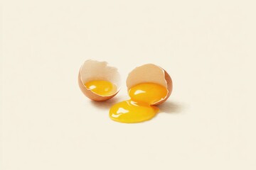 Cracked egg with yolk spilling out, against a plain background