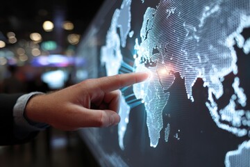 Hand touches glowing digital world map on a dark background