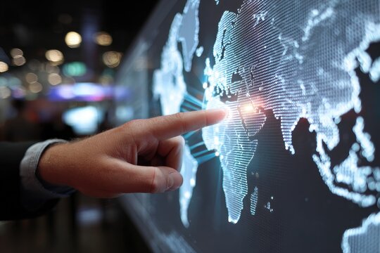 Hand touches glowing digital world map on a dark background - Powered by Adobe