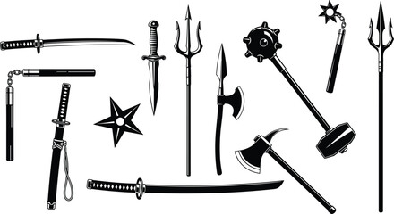 Black and white medieval ninja weapons collection, swords, axes, maces, tridents, stars, martial arts combat tools vector illustration © Art_By_Shoriphul