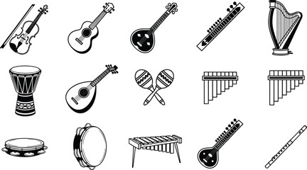 Fototapeta premium Black and white musical instruments icon set, string, percussion, wind instruments collection for education, music studio, orchestra, folk sound vector