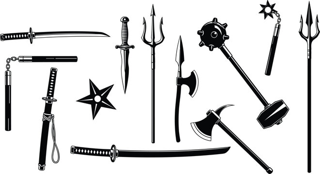 Black and white medieval ninja weapons collection, swords, axes, maces, tridents, stars, martial arts combat tools vector illustration
