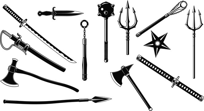 Black and white ninja and medieval weapons set, swords, daggers, axes, maces, tridents, throwing stars, martial arts combat vector