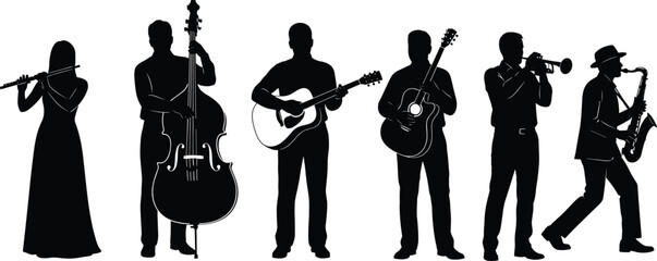 Detailed vector silhouettes of musicians playing various instruments including flute, double bass, acoustic guitar, trumpet, and saxophone, perfect for music-themed graphic design and promotional © Art_By_Shoriphul