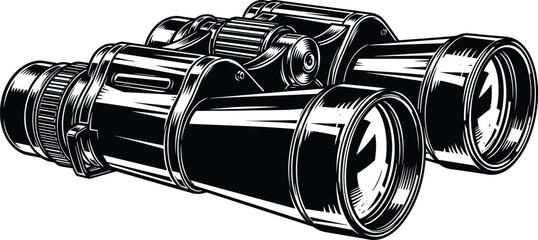 Detailed black and white binoculars illustration featuring professional optical equipment for wildlife observation surveillance birdwatching travel outdoor exploration adventure vector