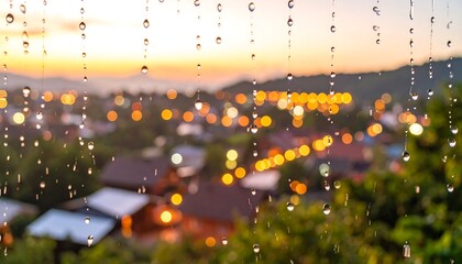 Through a window, glistening raindrops blur the cityscape's warm lights during a soft, colored sunset, green foliage in focus