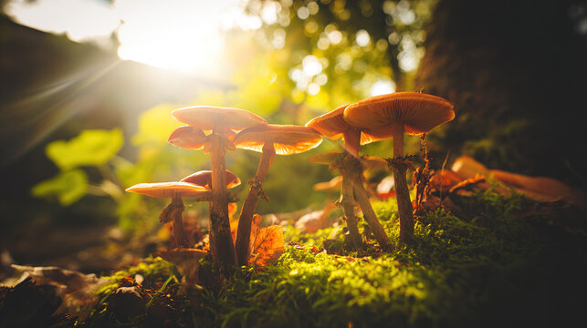 acculturation. Mushrooms growing on forest floor among moss and leaves under sunlight. gardening catalogs, home-decor guides, designed for gardening and botanical catalogs, celebrates nature.
