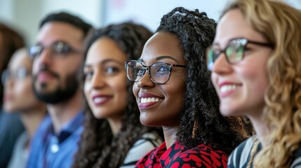A diverse group of employees engaging in an interactive corporate training workshop with a whiteboard presentation.