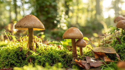 acculturation. Mushrooms growing on forest floor among moss and leaves under sunlight. gardening catalogs, home-decor guides, designed for gardening and botanical catalogs, celebrates nature.
