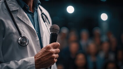 A medical professional in a white coat holds a microphone, addressing an unseen audience