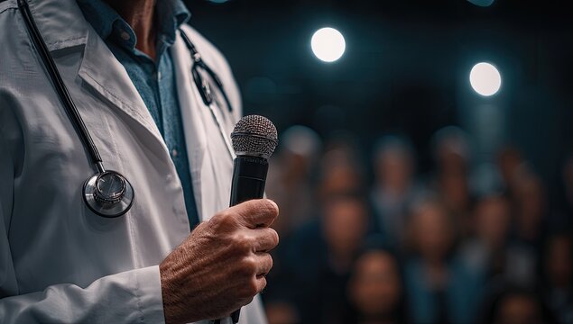 A medical professional in a white coat holds a microphone, addressing an unseen audience