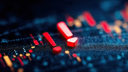 Glowing red exclamation points hover over a blurred financial chart with a dark background