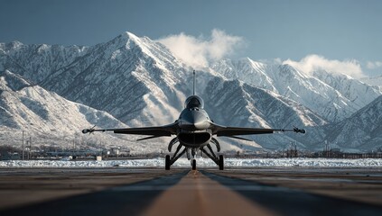 Jet fighter poised on runway before snow-capped mountains under clear sky