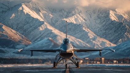 Jet fighter on runway with snow-capped mountains in background