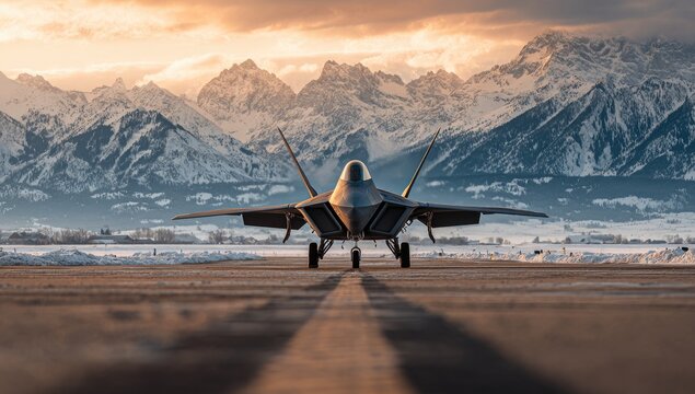 Fighter jet poised for takeoff on runway against dramatic mountain backdrop at sunset