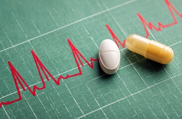 Two pills rest on a green grid overlaid with a red heart rhythm tracing