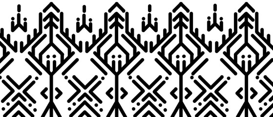 Black and white ethnic tribal geometric textile pattern, symmetrical diamond motifs, seamless repeating design, bold black lines with dotted details on white background.