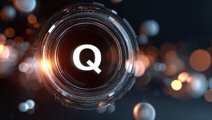 Futuristic glowing circle with letter 'Q' and bokeh background