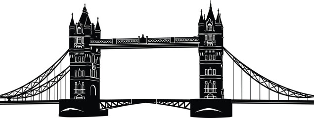 London Tower Bridge silhouette with iconic twin towers, bascule span, suspension elements, historic architecture, and landmark structure vector art.