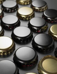 A close-up view of numerous metallic bottle caps in various colors, including gold, black, and silver, arranged on a surface.
