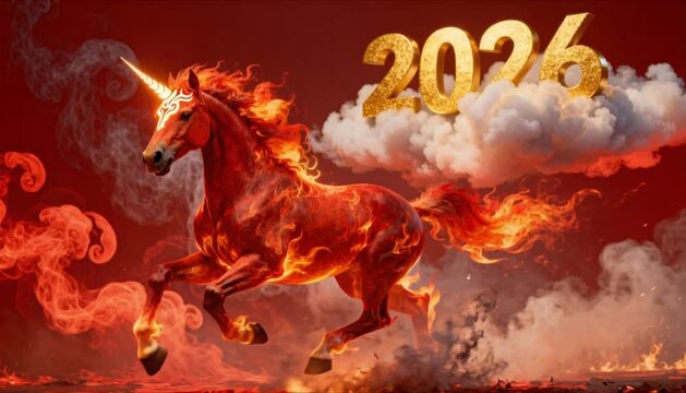 powerful fire horse galloping with flames and 2026 year symbol perfect for chinese new year and lunar new year