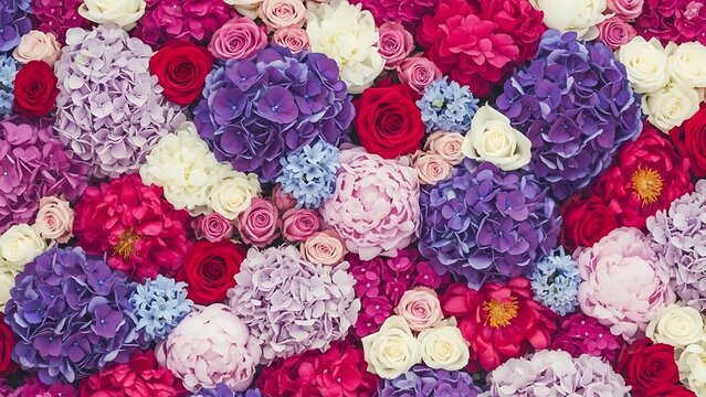 Vibrant tapestry of hydrangeas and roses in full bloom