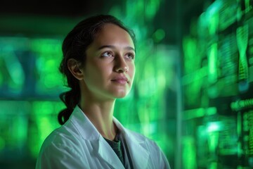 A woman in a white coat looks thoughtfully at a glowing green screen filled with data. Her hair is tied back, and the scene suggests a high-tech laboratory environment