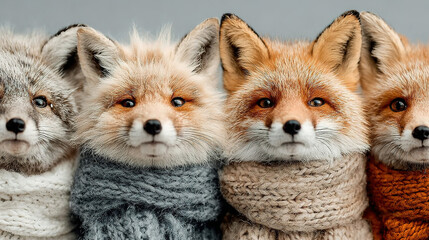 Four fluffy foxes wearing colorful knitted scarves look directly at the camera.