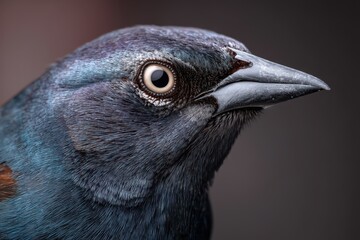 Close-up of a bird showcasing its detailed plumage, sharp eye, and pointed beak in profile view. The feathers have a striking combination of blue and black hues, creating a vivid contrast