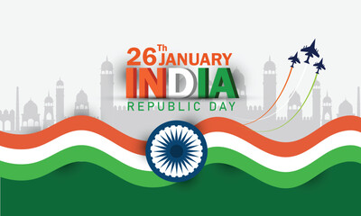 26th January Indian Republic Day banner design with Indian flag and silhouette of Indian monument