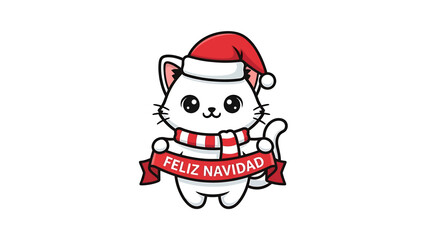 Christmas Cat with Santa Hat and Feliz Navidad Banner.