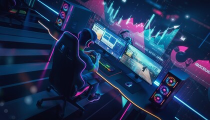 Gamer playing online video game in neon lit room.