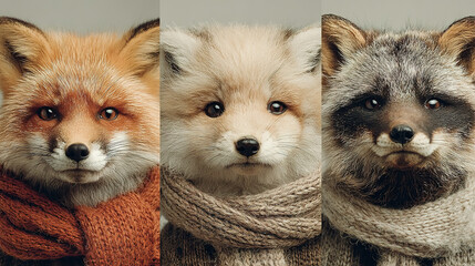 Three cute foxes wearing cozy scarves, facing forward with neutral expressions.