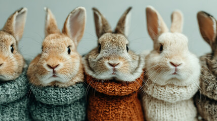 Group of bunnies wearing colorful knitted sweaters in a row.