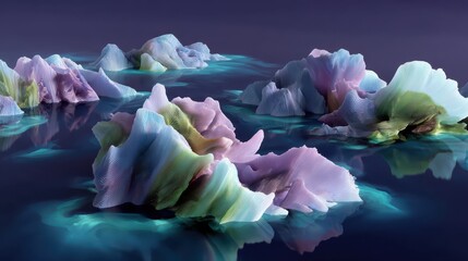 Ethereal Abstract Landscape with Colorful Iceberg Forms in Water