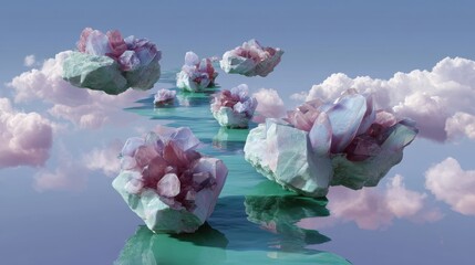 Ethereal Crystal Landscape with Pink and Green Gemstones Above Clouds