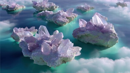 Luminous Crystal Clusters Floating Above Dreamy Aqueous Landscape